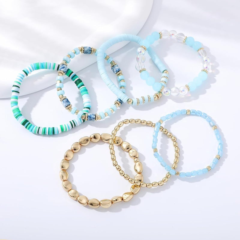 GOOJIDS Surfer Heishi Clay Bead Bracelets for Women Bohemian Stackable Gold Plated Beaded Stretch Bracelets Elastic Layering Friendship Bracelets Set Boho Jewelry - Image 3